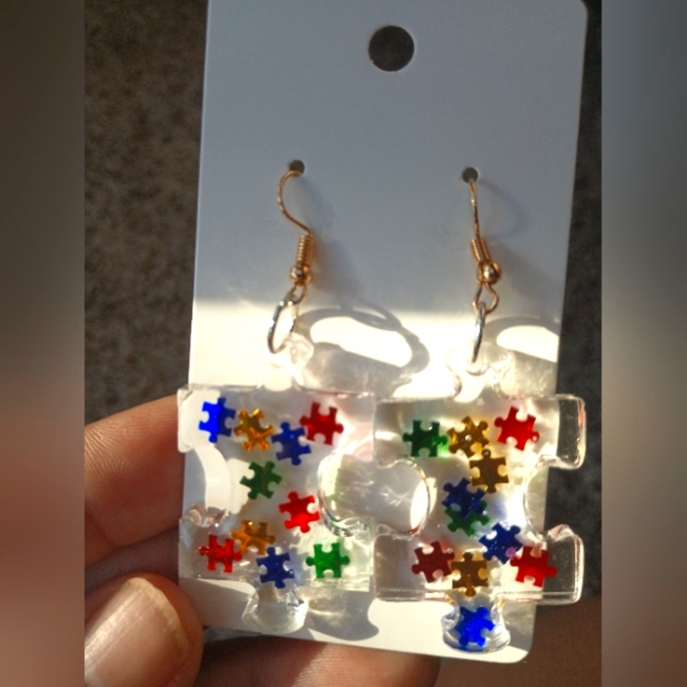 Beautiful handmade resin Autism Awareness puzzle earrings